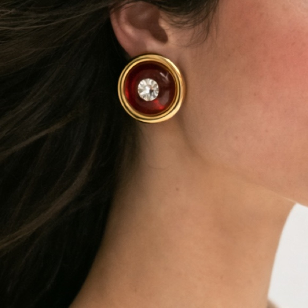 Nordstrom Gold and Red Statement Earrings with centre rhinestone